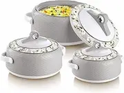 Casserole Dish Thermoware Double Wall Hot Pot Crock pot Chapati Box Tortilla Box 1000ml/1500ml/2000ml with Golden Handle Stainless Steel Pot for Hot and Cold Microwave Safe, Set of 3 (Pearl White)