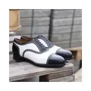Custom Made Men's White, Black Leather Oxford Cap-Toe Lace Up Dress Shoe For Men