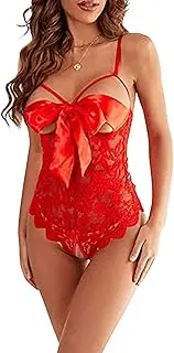 [Generic] Women Lace Bow Front Lingerie Sexy Through Mesh Lace Set One Piece Babydoll Mini Bodysuit