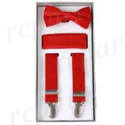 New Kid's Boy Suspender elastic strap clip on_bowtie & hankie Red wedding formal