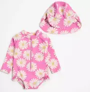 Baby Girls size 00 Long sleeve bathers unitard with hat Daisies NEW