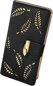 [FuninCrea] Long Women Wallets Hollowed Leaves Ladies Purse with 12 Credit Card Slots and ID Window, Large Womens Purse PU Leather Purses for Women with Zipper and Snap for Cards Coin Cash, Black,