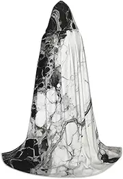 SKKNT Black White Marble Print Halloween Hooded Cloak Full Length Cape With Hood For Men And Women For Carnival