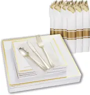 GOLD Square Plastic Plates&Silverware w/Per Rolled Napkin Set 20 GUESTS(DR)