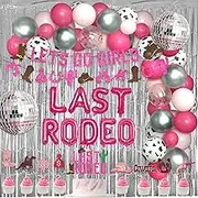 101 PCs Last Rodeo Bachelorette Party Decorations, Nashville Cowgirl Western Bachelorette Bridal Shower Fringe Curtain Balloon Garland Lets Go Girl Glitter Banner 4D Disco Ring Pink Silver