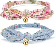 Soft Cotton Cat Collar with Removeable Hand-Tied Bowtie,Pack of 2 Kitten Collars with Quick Release Buckle and Bell,Floral Print