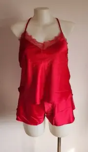 Bras N Things Ladies Red Satin Cami & Short PJ Sleep Pyjama Set Size 14 New