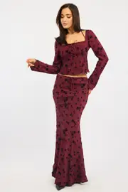 Red Floral Maxi Skirt High Waisted Panelled Detail Burnout - Size 16XL, Women's Maxi Skirt