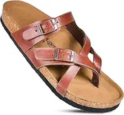 [AEROTHOTIC] Womens Strappy Slip-On Modern Memory Foam Cushion Footbed Outdoor Adjustable Buckle Cork Footbed Slides for Sandals with Comfortable Arch Support