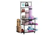 Yoga Mat Ball Storage Rack Weight Dumbbell Kettlebell Shelves Shelf Garage Racking Holder Steel Stand Gym Organizer with Hooks Wheels