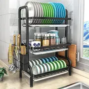 Danoz Direct - Dish Rack 3 Tier Dish Dryer Drainer Stainless Steel Dish Drying Rack Drip Trays Side Holder Kitchen Storage Save Space