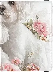 [Amooorous] Cartoon Cute Mighty Maltese Dogs White Pink Rose Leather decorative Passport and Vaccine Card Wallet Combo Travel Documents Organizer Protector Wallet Passport Holder Waterproof, cartoon cute Mighty