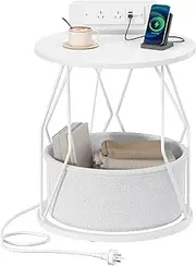 Hzuaneri Side Table with Charging Station, Round End Table with Storage Basket, Small Nightstand, Bedside Table, for Living Room, Bedroom, White ET55003WAU