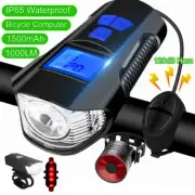 USB Rechargeable LED Bicycle Headlight Bike Front Rear Light w/ Horn Speedometer