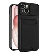 For Apple iPhone 15 Card Holder Mobile Phone Case Camera Protection Lens Slider Camera Shutter Wallet Cover(Black)
