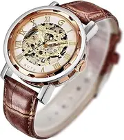 [Gute] Steampunk Men's Skeleton Mechanical Wrist Watch Hand Wind Analogue Roman Numeral Brown Leather Strap Luminous Hands Rose Golden White Dial