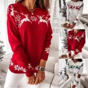 Women's O Neck Elk Snowflake Christmas Xmas Pullover Sweater Knit Tops Blouse