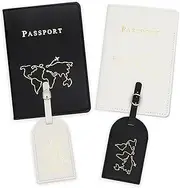 [Fuyfyre] 4Pcs Passport Cover Set, PU Leather Passport Holder with Luggage Tags Set, Protective Wallet Case Organizer with Travel Label for Family Men Women Suitcase Boarding Pass Credit Cards (Black&White)