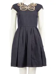 Navy Denim Faux Pearl Embellished Dress