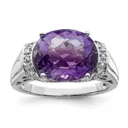 Sterling Silver Rhodium-plated Checker-Cut Amethyst u0026 Diamond Ring