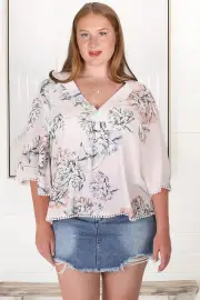 JAASE - Gabriella Top: Mandarin Collar Deep V Neck Crochet Trim Top in Blooming Bouquet Print