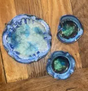 Studio Art Pottery Trinket Dish Crushed Glass Glaze USA ~ Set Of 3