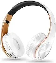 Bluetooth Headset Stereo Sound Computer Headset for Gaming Meetings Chat- Comfortable Over-Ear PC Headphones with Mic/Soft Earmuffs/Foldable/SD/TF 3.5 Jack for Universal Connectivity (white gold)