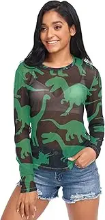 [RPLIFE] Cute Dinosaurs Green Black Long Sleeve Mesh Tops for Women, Womens Fancy Shirts S-XXL