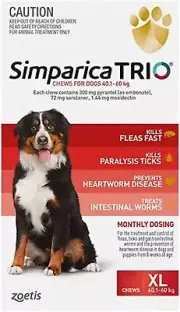 Simparica Trio Flea, Tick and Worming Chews for Dogs 40.1-60 Kg, Red (Pack of 6)