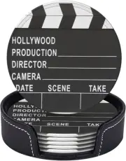 Movie Cinema Lapper Board Drinking Coasters PU Leather Coaster with Holder