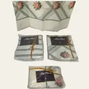 Vintage 80s Bill Blass Petit Point Rose FULL Sheet Set Blue Ribbons Pink Cottage