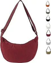LOCCY Crossbody Bag Women's Corduroy Half Moon Bag Women's Corduroy Plain Halfmoon Bag Cord with Adjustable Shoulder Strap for Women Travel, wine red