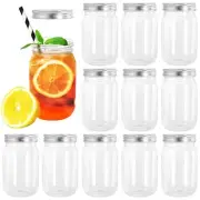 12 Pack Clear Plastic Mason Jars with One Piece Lids, 16OZ Mason Cocktail Cup...