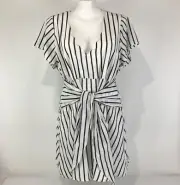 Atmos & Here Dress White Size 24 Black Stripe Short Sleeve Tie Front Lined New