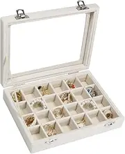 Vicoter Velvet Jewelry Box 24 Grid Jewelry Ring Display Organiser Box Tray Holder Earrings Storage Case for Girls Wife Mom Women (Beige)
