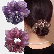 3pcs Premium Hair Elastic Scrunchies with Flower & Pearl Deco Elegant Hair Ties Hair Band Hair Accessory for Ponytail Hairball (Red+Purple+Brown)