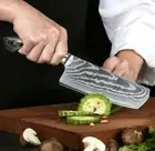 Nakiri Knife Laser Damascus Pattern Stainless Steel Wood Handle Chef Slicing Cut