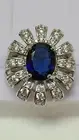 Large Sapphire & CZ Ring Oval Shape Filigree Lace Design Sterling Silver Size 7