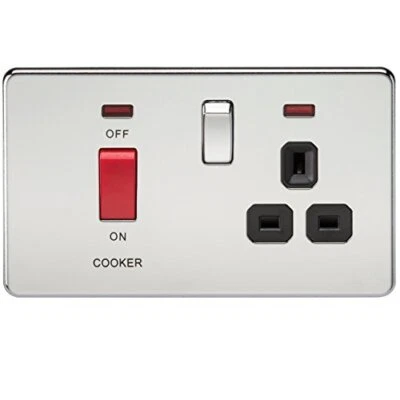 Knightsbridge 45A 2G DP Screwless Polished Chrome Wall Switch W Neon and Socket