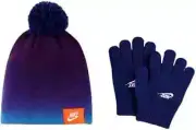 Nike Big Kids Boys 2 Piece Winter Pom Beanie Hat and Gloves Set, Blue, One Size