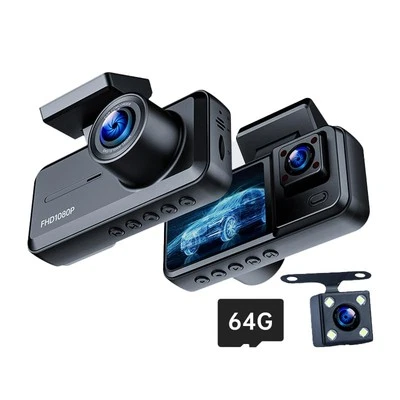 3 Channel Dash Cam Front and Rear Inside with 64GB Card, 2.5K Dash Camera for...