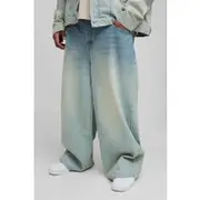 Mens Stonewash Plus Washed Baggy Fit Jeans