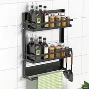 DUNSOO Spice Racks Wall Mounted, Foldable Multifunctional Shelf No Drilling With Kitchen Roll Holder and 4 Hooks for Kitchen and Bathroom Organiser