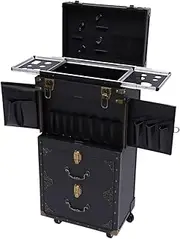 MhdunueSK Rolling Lockable Makeup Train Case Hairdressing Trolley,Black Stylist Beauty Salon Cosmetic Luggage Travel Organizer Tool Box with 4 Storage Compartments and Wheels,for Barber(Style E)
