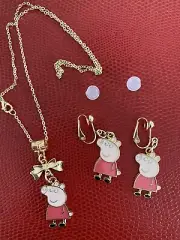 Children Peppa Pig Jewellery Set, Girls Pig Necklace, Kids Clip On Earrings