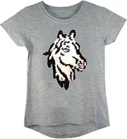 [Aelstores] Girls Horse Animal T-Shirt Brush Changing Sequin Short Sleeve Tee Top Colour: Grey Horse - Size: 3-4 Years