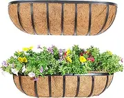 KIDYBELL 16“ Window Box Railing Planter with Coco Liner Metal Wall-Mounted Coconut Liner Planter Basket English Horse Trough Planter for Outdoor Deck Balcony Porch Fence Patio Black (2 Pack)