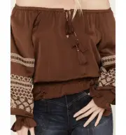 Shyanne Women's Satin Peasant Embroidered Blouse Dark Brown Size Medium