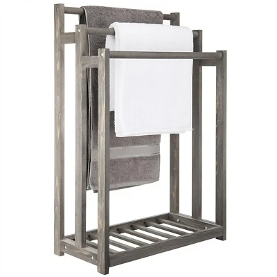 3 Tier Freestanding Gray Wood Towel Rack Stand w/ Bath Towel Bar, Towel Holder