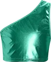 [Sinleey] Kids Girls Boys Shiny Metallic Crop Tank Tops One Shoulder Dance Performance Tops Athletic Sports Bra